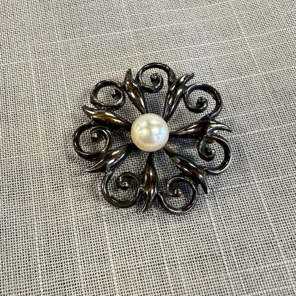Vintage Symmetalic Open Scrollwork Pin with Pearl Center - Picture 2 of 6